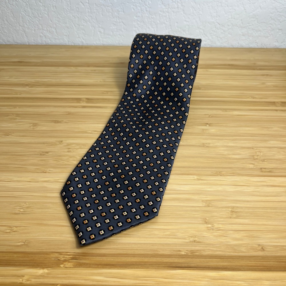 Brioni Mens Silk Tie Navy Blue Geometric Medallion Hand‎ Made in Italy Classic